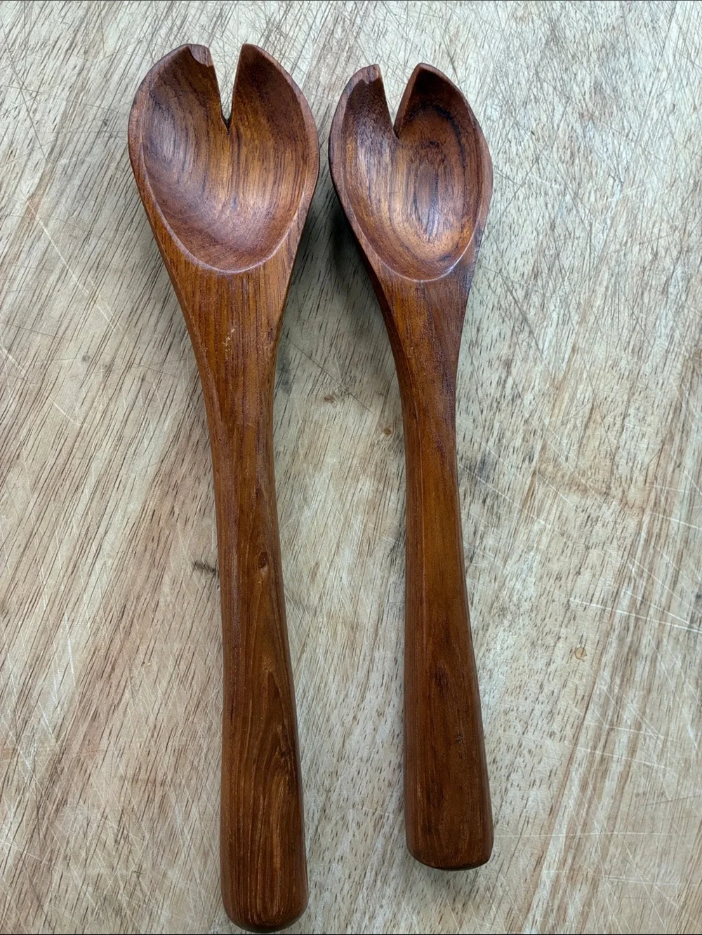 Teak Fat Bottom Wooden Salad Serving Spork Set Super Heavy Substantial Danish